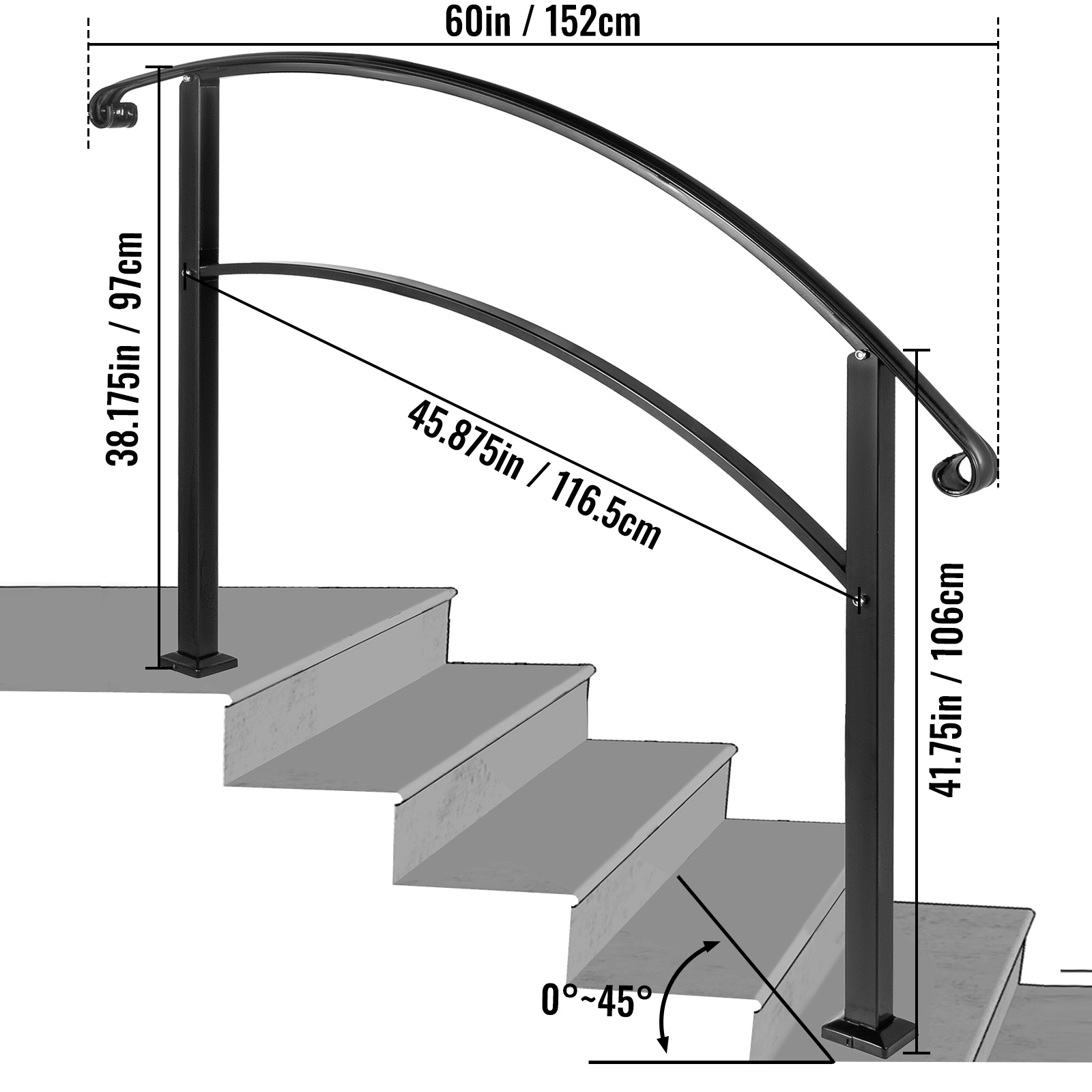 VEVOR Wrought Iron Handrail Arch Fits 3/4/5Steps Outdoor Steps Matte ...